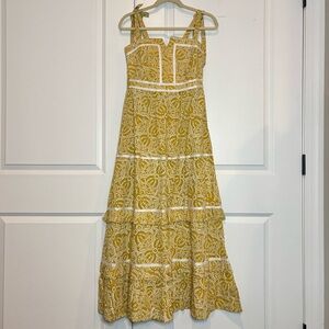 NWT Chakeris Charleston Ella Mustard Yellow Tie Shoulder Tiered Maxi Dress M